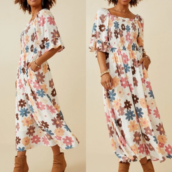 Hayden Donna Pink & Blue Floral Smocked Ruffled Lined Midi Dress Ladies Medium - Picture 1 of 16